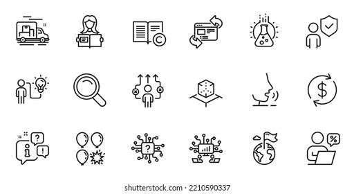 Conjunto de esquemas de dardos de globo, iconos de línea de seguridad y de línea de negocio para aplicaciones web. Hable, información, icono de esquema del camión de entrega. Incluye derechos de autor, trabajo en equipo, íconos del laboratorio de química. Vector