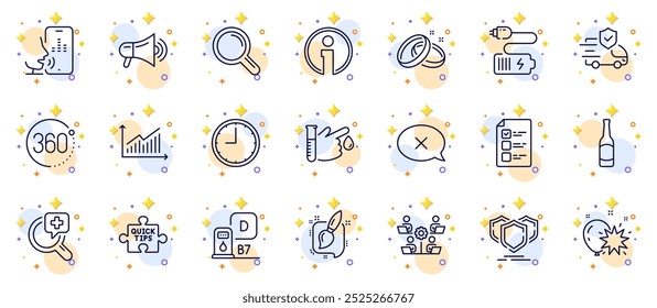 Conjunto de esquemas de dardos de globo, escudos e iconos de línea de investigación para App de Web. Incluya la batería, 360 grados, iconos del pictograma de la estación diesel. Info, Gráfico, Análisis médico de signos. Correo de voz, TimeBeer. Vector