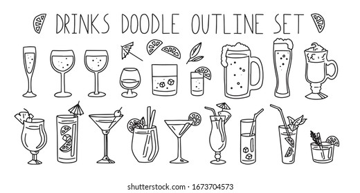 Outline set of bar drinks. doodle simple style. Vector drink 