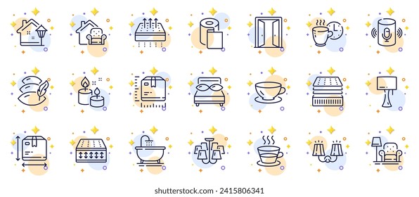 Umrisse von Bath, Paketgröße und Kissen-Line-Icons für Web-App. Einschließlich Offene Tür, Kronleuchter, Piktogrammsymbole. Sessel, flexible Matratze, atemberaubende Schilder für die Matratze. Vektorgrafik