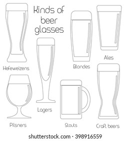 Outline set of beer glassware. Cool minimal flat vector illustration. Wheat beer, lager, craft beer, ale, stout. For print or web