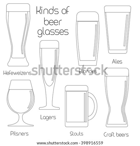 Outline set of beer glassware. Cool minimal flat vector illustration. Wheat beer, lager, craft beer, ale, stout. For print or web