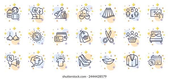 Outline set of Best glasses, T-shirt and Skirt line icons for web app. Include Pillows, Baggage, Deckchair pictogram icons. Lips, Bra, Discount signs. Buying process, Dry t-shirt, Suit. Vector