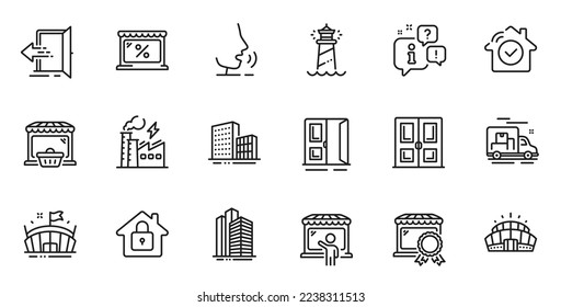 Outline set of Best market, Electricity factory and Buildings line icons for web application. Talk, information, delivery truck outline icon. Vector
