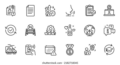 Outline set of Best rank, Computer fingerprint and Eu close borders line icons for web application. Talk, information, delivery truck outline icon. Vector