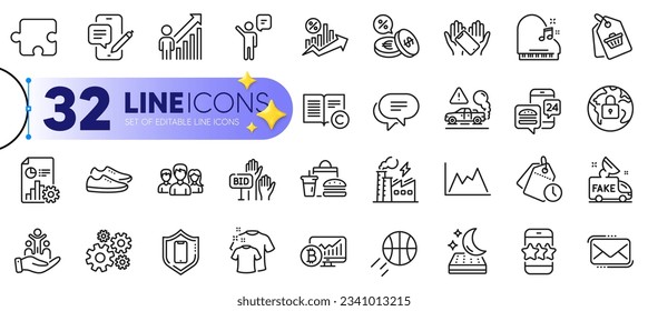 Outline set of Bid offer, Mattress and Text message line icons for web with Lock, Currency exchange, Fast food thin icon. Piano, Sale tag, Exhaust pictogram icon. Messenger mail. Vector