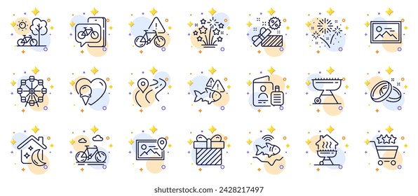 Outline set of Bike attention, Sleep and Surprise line icons for web app. Include Road, Fireworks stars, Fishfinder pictogram icons. Fireworks, Bicycle, Home grill signs. Passport, Grill. Vector