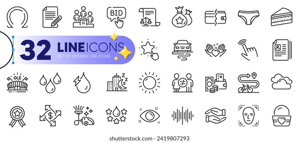 Outline set of Bike path, Route and Face detection line icons for web with Hydroelectricity, Cursor, Bid offer thin icon. Payment methods, Waterproof, Article pictogram icon. Quality. Vector