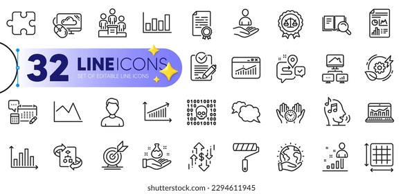 Outline set of Binary code, Website statistics and Work home line icons for web with Messenger, Headshot, Puzzle thin icon. Certificate diploma, Square area, Line chart pictogram icon. Vector