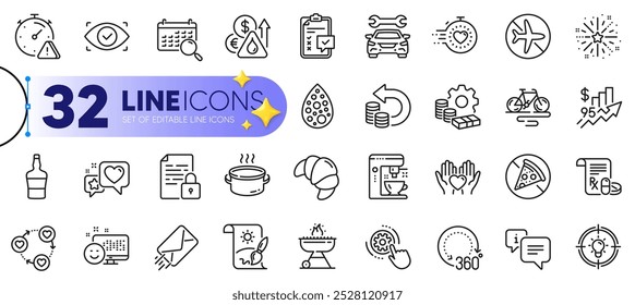 Outline set of Biometric eye, E-mail and Grill line icons for web with Coffee maker, Flight mode, Heart thin icon. Attention, 360 degrees, Timer pictogram icon. Friends community, SaucepanInfo. Vector