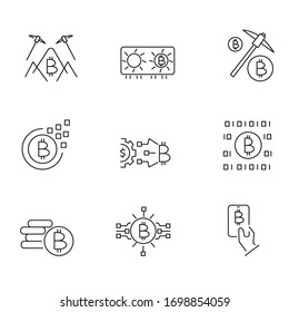 Outline set of bitcoin currency vector icons for web design, mobile app isolated on white background. UI/UX design components