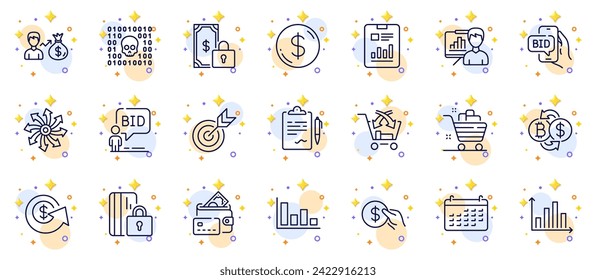Conjunto de esquemas de intercambio de Bitcoin, pago privado e iconos de línea versátil para la aplicación web. Incluya el dinero en dólares, Target, iconos del pictograma de pago. Calendario, dinero, carteles del portapapeles. Vector