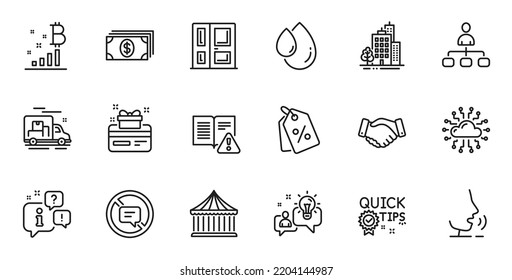 Outline set of Bitcoin graph, Management and Discount tags line icons for web application. Talk, information, delivery truck outline icon. Vector