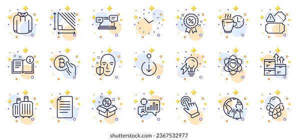 Outline set of Bitcoin pay, File and Electricity bulb line icons for web app. Include Internet chat, Time, Internet notification pictogram icons. Seo statistics, Sale, Scroll down signs. Vector