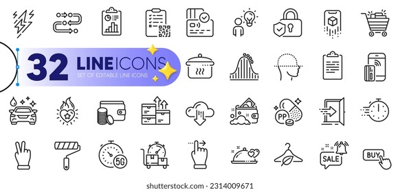 Outline set of Boiling pan, Shopping cart and Qr code line icons for web with Touchscreen gesture, Slow fashion, Launder money thin icon. Cooking timer, Heart flame, Methodology pictogram icon. Vector