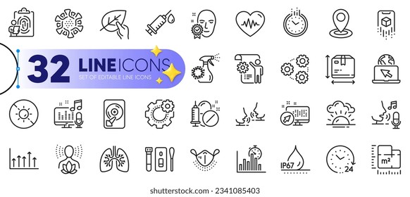 Conjunto de esquema de tamaño de caja, medicamentos médicos e iconos de línea de huellas digitales para la web con el plano de configuración, impermeable, icono delgado de charla. Pulmones, atardecer, ícono del pictograma del micrófono. Gráfico de crecimiento. Vector