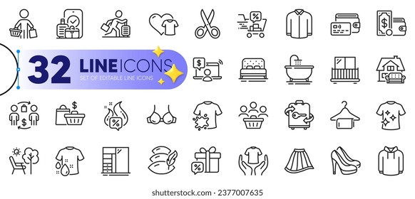 Outline set of Bra, Skirt and Clean t-shirt line icons for web with Wallet money, Shoes, Hoody thin icon. Buyer, Cut, Wallet pictogram icon. Travel delay, Buyers, Hot offer. Vector