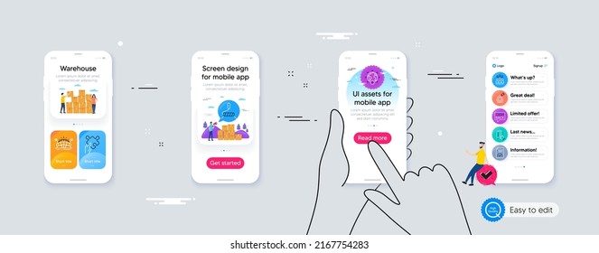 Outline set of Brand ambassador, Puzzle and Group people line icons for web application. Phone ui interface. Include Paint roller, Money transfer, Approved document icons. Vector