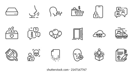 Outline set of Breathing exercise, Quick tips and Donation line icons for web application. Talk, information, delivery truck outline icon. Include Open door, Cyber attack, Brush icons. Vector