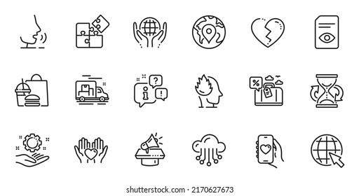 Outline set of Broken heart, Employee hand and Fast food line icons for web application. Talk, information, delivery truck outline icon. Include Megaphone, Cloud storage, View document icons. Vector