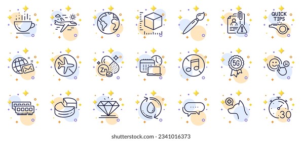 Outline set of Brush, Dots message and Refill water line icons for web app. Include World planet, Work time, Tutorials pictogram icons. World mail, No music, Search employee signs. Vector