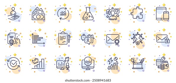 Outline set of Budget accounting, Money and Growth chart line icons for web app. Include Chemistry lab, Electricity consumption, Creativity concept pictogram icons. Recruitment. Vector