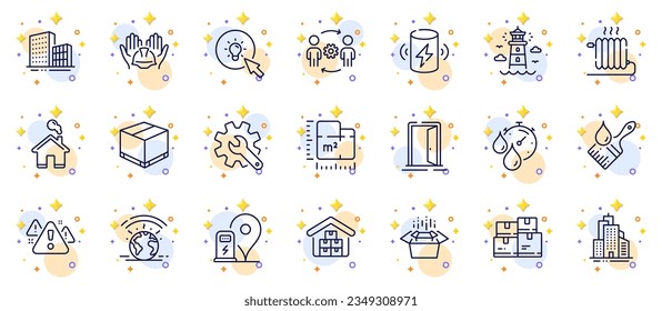 Outline set of Buildings, Energy and Wholesale inventory line icons for web app. Include Lighthouse, Greenhouse, Delivery box pictogram icons. Customisation, Radiator, Warning signs. Vector