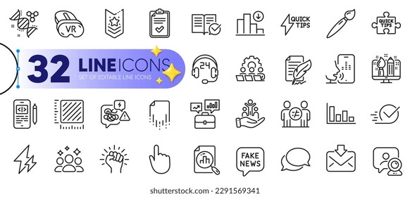 Outline set of Business portfolio, Checklist and Brush line icons for web with Inclusion, Empower, Discrimination thin icon. Vr, Decreasing graph, Quick tips pictogram icon. Phone code. Vector