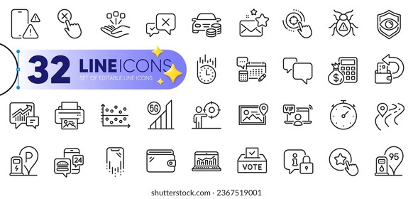 Conjunto de esquema de los iconos de línea WiFi de Business target, Timer y 5g para web con detección de ojos, devolución de efectivo, icono delgado de consolidación. Recuperación de smartphone, calculadora de finanzas, icono de pictograma de aplicación de alimentos. Vector