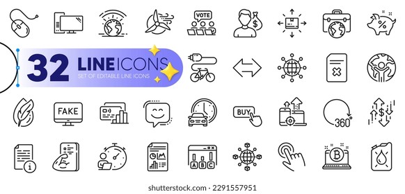 Outline set of Buy button, Card and Book car line icons for web with Computer, Delete file, Survey results thin icon. Cardboard box, Windmill turbine, Dollar rate pictogram icon. Vector