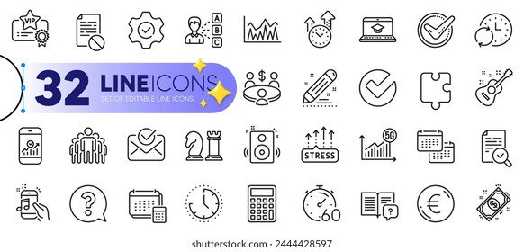Esquema conjunto de calendario, Cuenta e íconos de línea del temporizador para el Web con gestión del tiempo, inspeccionar, pago delgado icono. Tiempo, El estrés crece, Instrucción manual pictograma icono. Interrogación. Vector