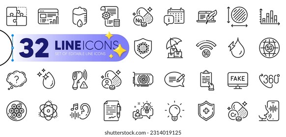 Outline set of Calendar, Atom and Clipboard line icons for web with Voicemail, Diagram graph, Fake news thin icon. Sodium mineral, 5g wifi, Medical shield pictogram icon. Vector