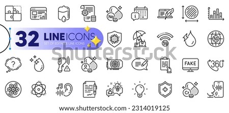 Outline set of Calendar, Atom and Clipboard line icons for web with Voicemail, Diagram graph, Fake news thin icon. Sodium mineral, 5g wifi, Medical shield pictogram icon. Vector