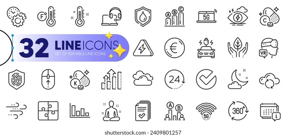 Outline set of Calendar, Cloud sync and Fair trade line icons for web with 5g notebook, Lightning bolt, Consult thin icon. Euro money, 5g wifi, Graph chart pictogram icon. Car charging. Vector