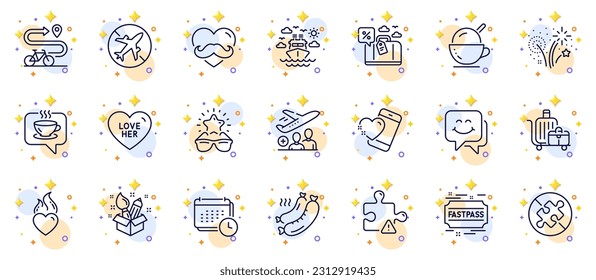 Outline set of Calendar, Coffee and Ice cream line icons for web app. Include Grilled sausage, Passenger, Travel loan pictogram icons. Father day, Smile face, Best glasses signs. Vector