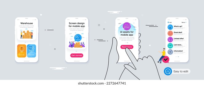 Outline set of Call center, Web love and People chatting line icons for web application. Phone ui interface. Include Swipe up, Diagram graph, Synchronize icons. Voting ballot, File storage. Vector
