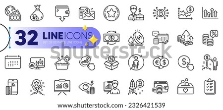 Outline set of Candlestick chart, Loyalty points and Money tax line icons for web with Contactless payment, Presentation board, Sale thin icon. Graph chart, Wallet, Dollar rate pictogram icon. Vector Foto stock © 