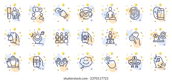 Conjunto de esquemas de la píldora de la cápsula, biometría de la cara e iconos de línea de la aplicación de aparcamiento para la aplicación web. Incluir gestos de rotación, correo de voz, iconos del pictograma de éxito. Entrevista, huellas dactilares, carteles de yoga. Vector