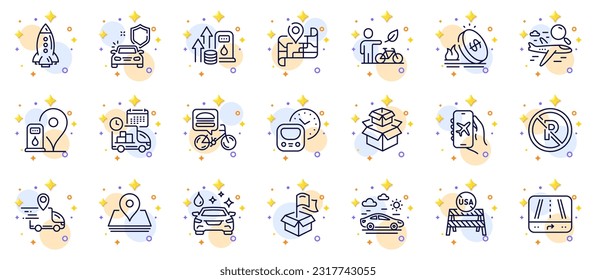 Outline set of Car travel, Flight mode and Petrol station line icons for web app. Include Search flight, Pin, Packing boxes pictogram icons. No parking, Metro, Gps signs. Gas price. Vector