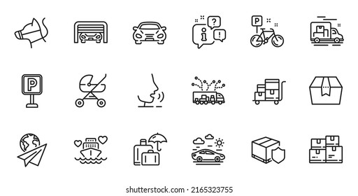 Outline set of Car travel, Luggage insurance and Package box line icons for web application. Talk, information, delivery truck outline icon. Vector