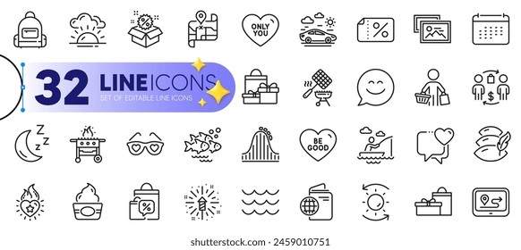 Outline set of Car travel, Smile chat and Gps line icons for web with Waves, Heart, Fish school thin icon. Love glasses, Gas grill, Sale bags pictogram icon. Photo album, Sunset. Vector