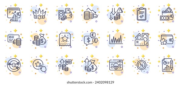 Outline set of Card, Loyalty star and Coins bag line icons for web app. Include Discount, Deflation, Loyalty ticket pictogram icons. Crown, Line graph, Report document signs. Wallet. Vector