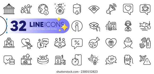 Outline set of Carousels, Drop counter and Heart line icons for web with Approved app, Psychology, Fishing thin icon. Telemedicine, Internet, Text message pictogram icon. Qr code. Vector