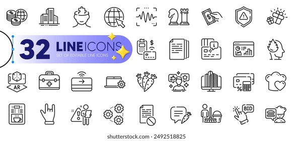 Outline set of Carrots, First aid and Gift line icons for web with Pos terminal, Buildings, Gears thin icon. Social media, Voice wave, Internet pictogram icon. Pay money, Enterprise. Vector