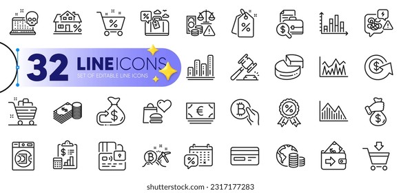 Outline set of Cashback, Discount medal and Online market line icons for web with Bitcoin mining, Card, Loan percent thin icon. Diagram graph, Investment graph, Launder money pictogram icon. Vector