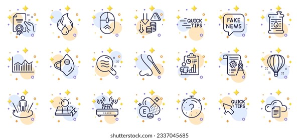 Outline set of Certificate, Nasal test and Augmented reality line icons for web app. Include Oil barrel, Air balloon, Quick tips pictogram icons. Report, Medical mask, Money diagram signs. Vector