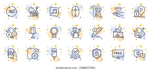 Outline set of Charging station, Idea lamp and Scroll down line icons for web app. Include Approved group, Copper mineral, Phone service pictogram icons. 360 degree, Ice cream, Feather signs. Vector