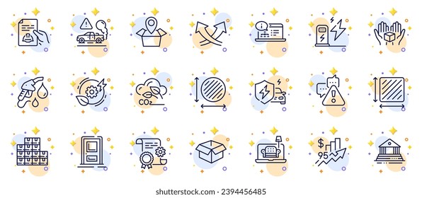 Outline set of Charging station, Opened box and Car charging line icons for web app. Include Petrol station, Co2 gas, Circle area pictogram icons. Wholesale inventory. Circles with 3d stars. Vector