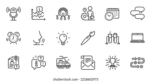 Übersicht über die Becherliniensymbole Chart, Survey Progress und Chemistry für Webanwendungen. Talk, Information, Lieferwagen Umriss Symbol. Fügen Sie Talk-Blase, Employee, Calendar-Time-Symbole ein. Vektorgrafik