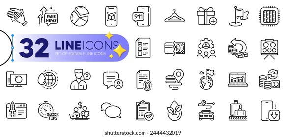 Outline set of Chat bubble, Engineering team and Cloakroom line icons for web with Clapping hands, Fingerprint, Payment methods thin icon. Baggage reclaim, Destination flag. Vector